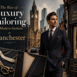 Stylish man in a double-breasted tailored suit standing in Manchester city with a bespoke tailoring shop, representing luxury tailoring and modern fashion
