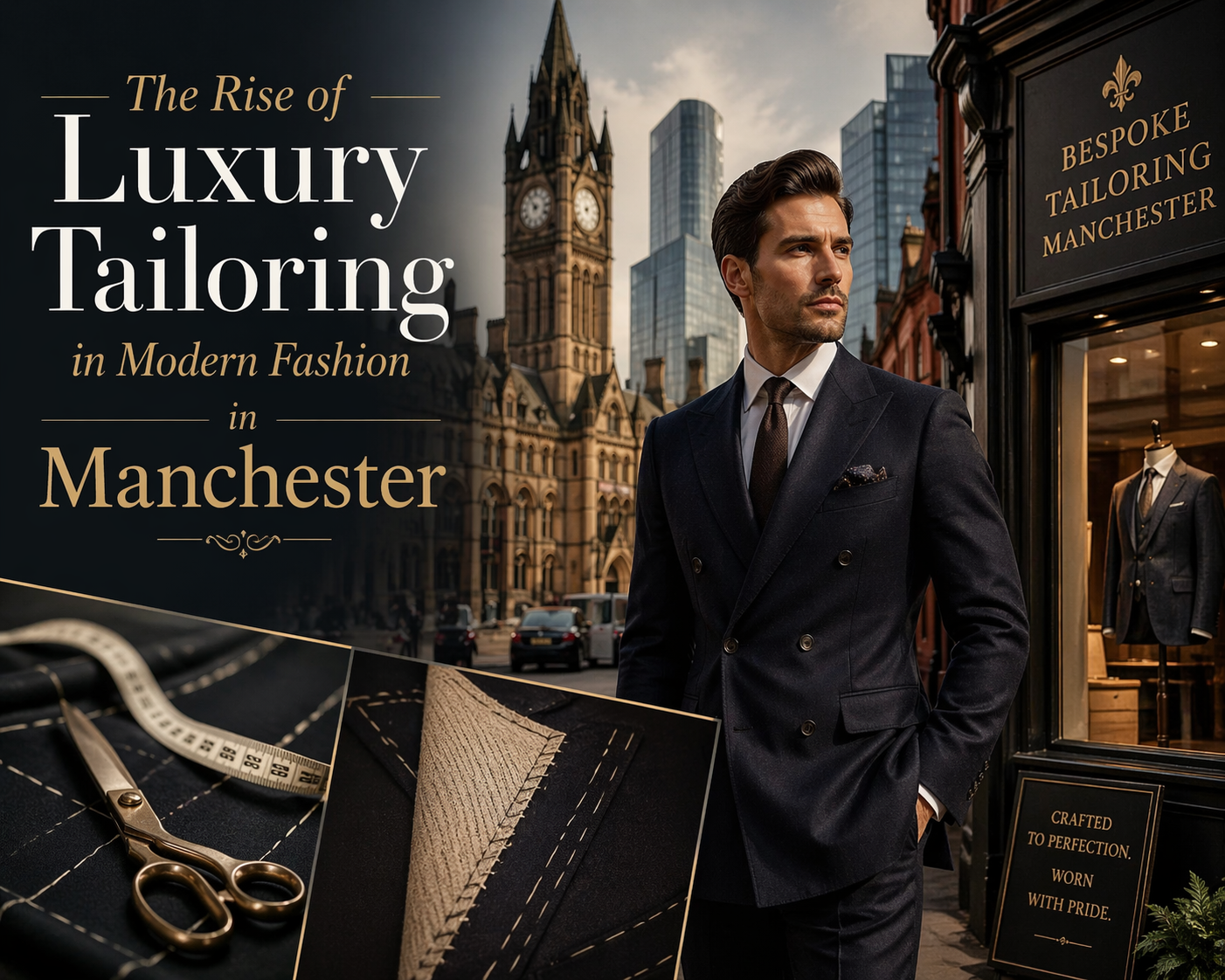 Stylish man in a double-breasted tailored suit standing in Manchester city with a bespoke tailoring shop, representing luxury tailoring and modern fashion