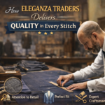 Expert tailor measuring and cutting fabric with precision at Eleganza Traders showcasing quality craftsmanship in every stitch