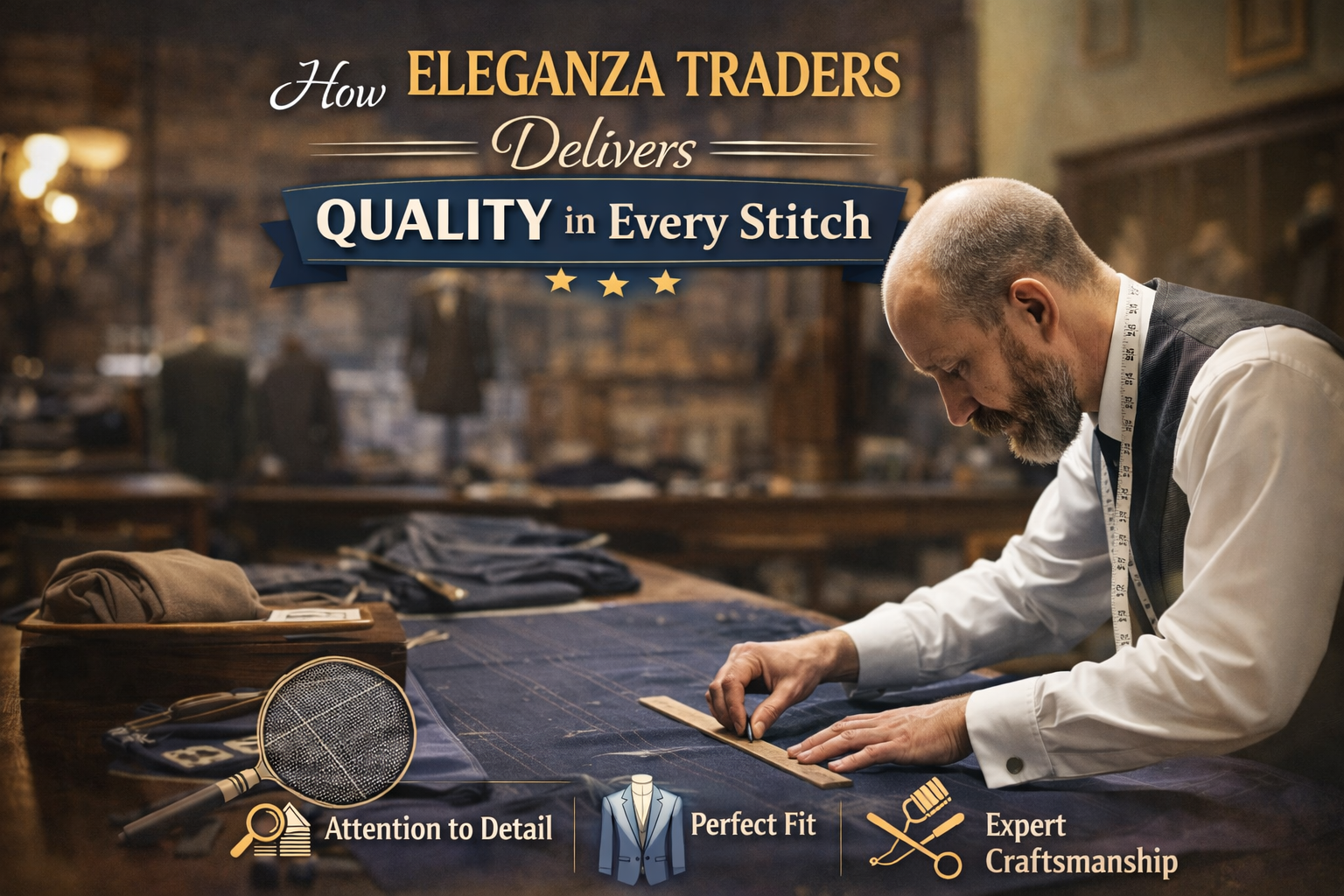 Expert tailor measuring and cutting fabric with precision at Eleganza Traders showcasing quality craftsmanship in every stitch