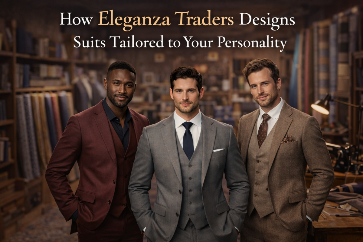 Three men wearing custom tailored suits at Eleganza Traders showcasing personalized suit designs and different style preferences