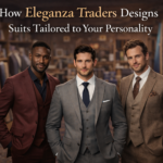 Three men wearing custom tailored suits at Eleganza Traders showcasing personalized suit designs and different style preferences
