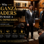 Tailor fitting a black suit on a client in a luxury showroom at Eleganza Traders