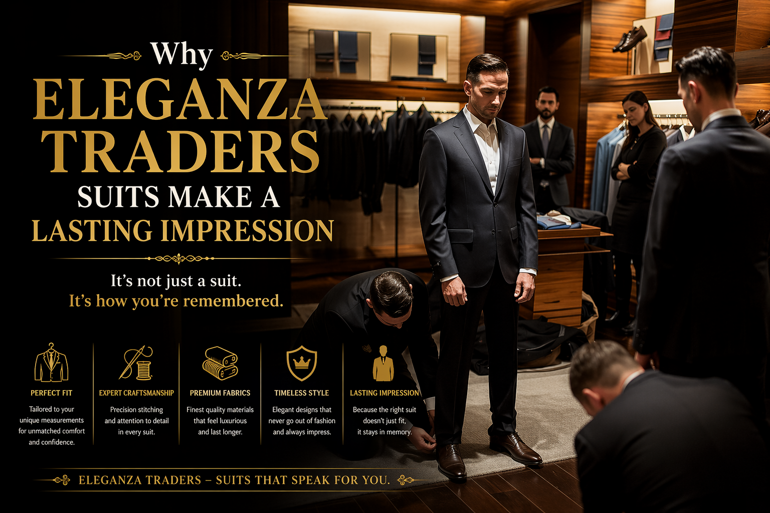 Tailor fitting a black suit on a client in a luxury showroom at Eleganza Traders