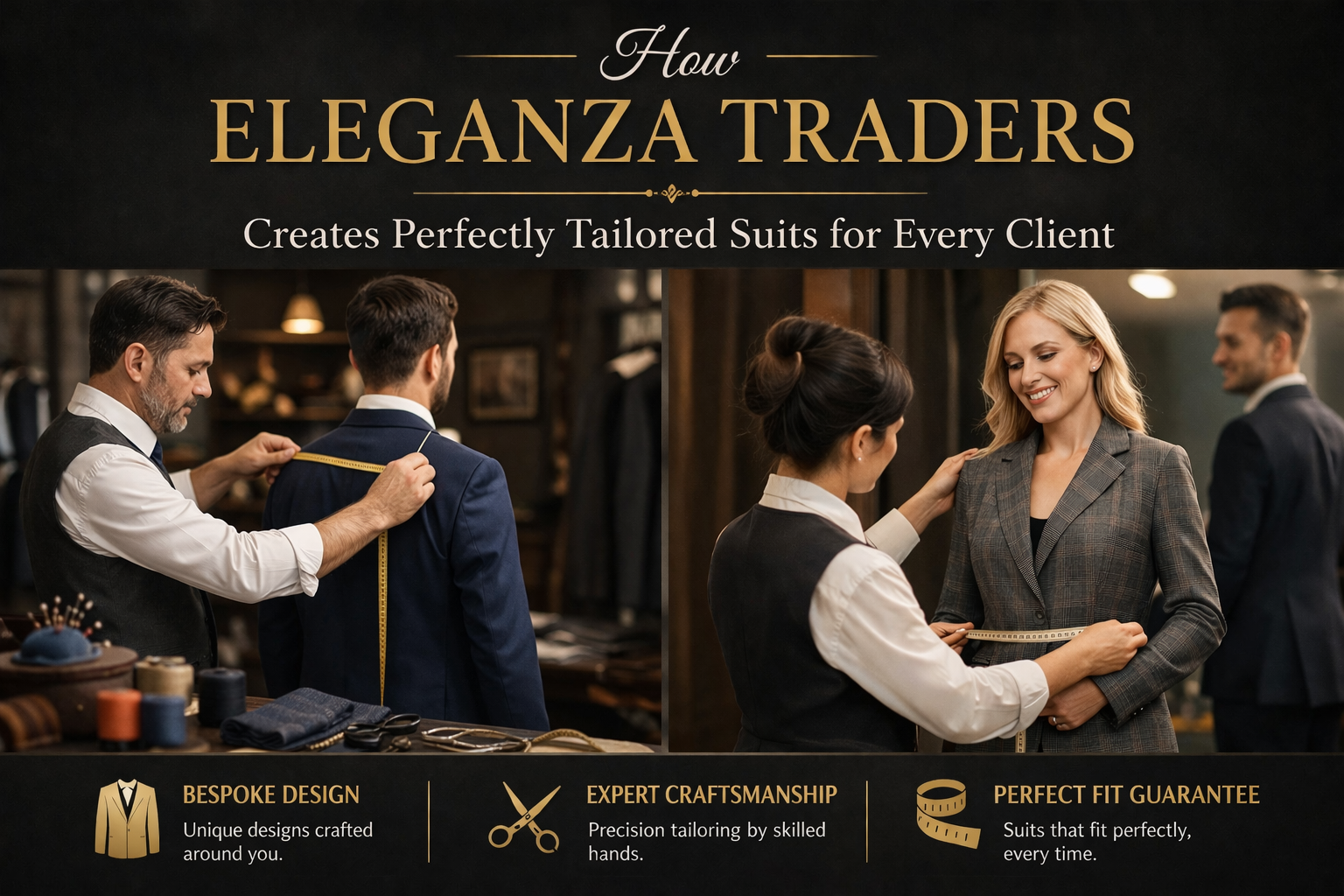 Tailors at Eleganza Traders measuring clients for custom tailored suits showcasing bespoke tailoring and perfect fit services