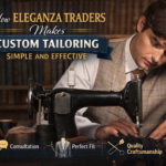 Tailor sewing fabric on a machine at Eleganza Traders showcasing custom tailoring services and expert craftsmanship