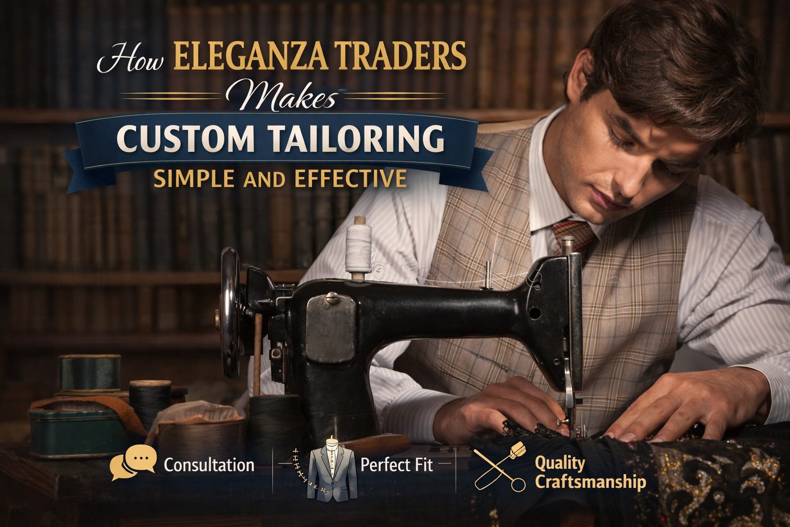 Tailor sewing fabric on a machine at Eleganza Traders showcasing custom tailoring services and expert craftsmanship