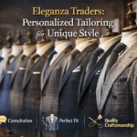 Collection of elegant tailored suits on display representing personalized tailoring services by Eleganza Traders