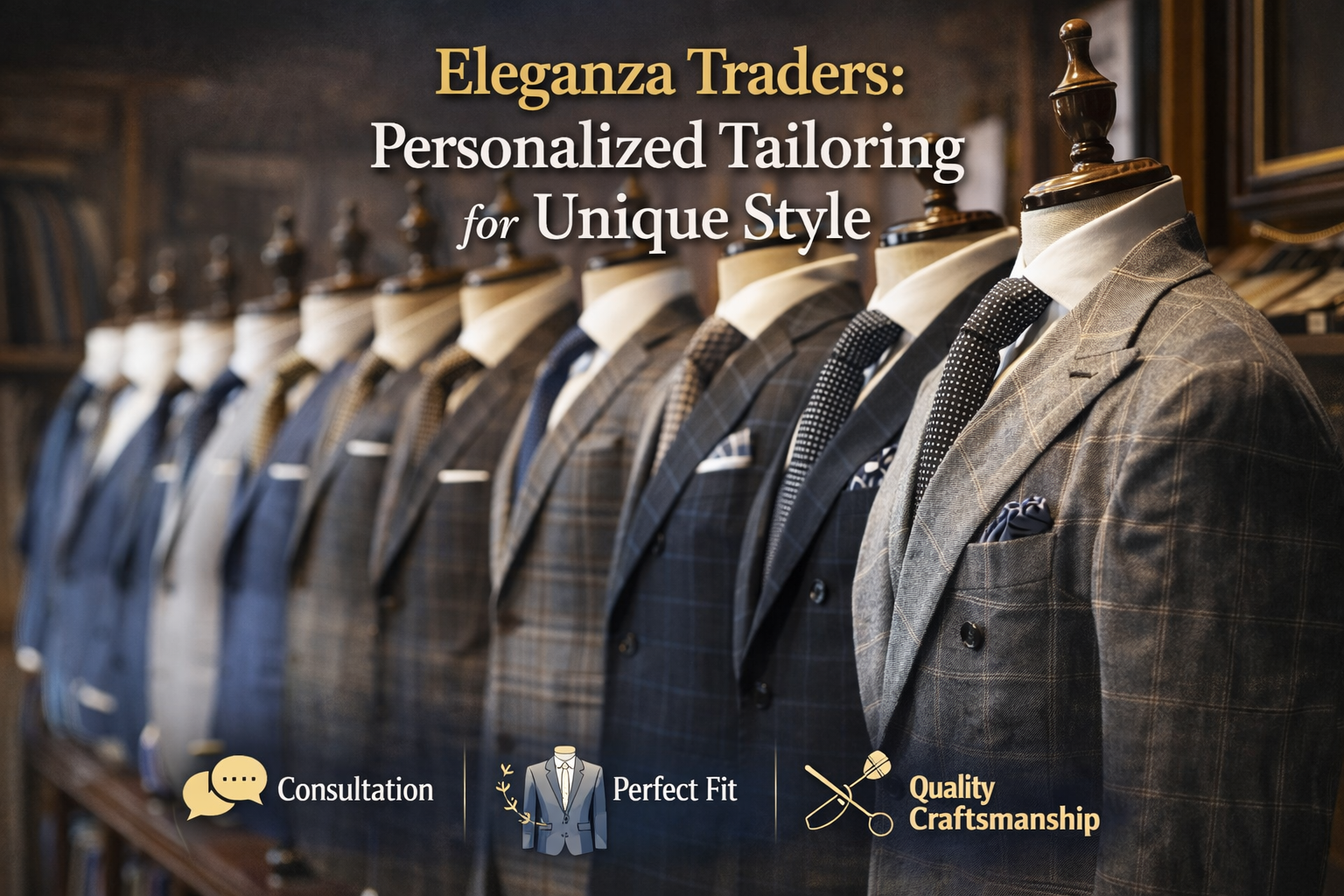 Collection of elegant tailored suits on display representing personalized tailoring services by Eleganza Traders
