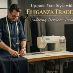 Professional tailor measuring fabric and working on a custom suit at Eleganza Traders tailoring workshop