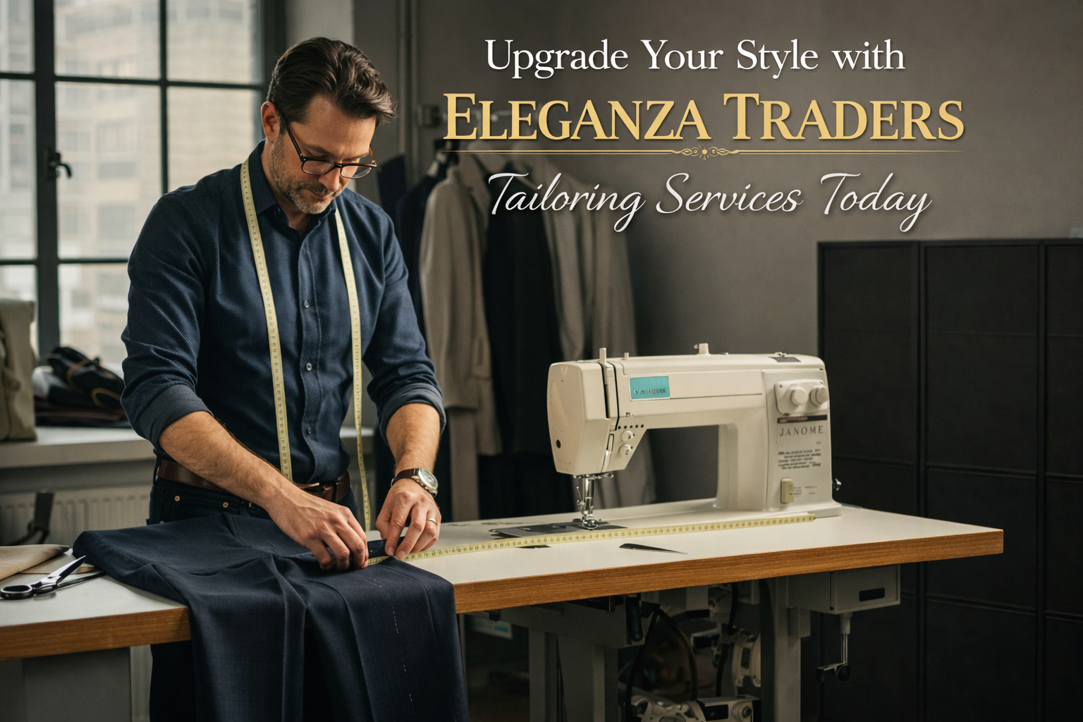 Professional tailor measuring fabric and working on a custom suit at Eleganza Traders tailoring workshop