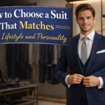 man wearing navy blue tailored suit adjusting jacket in modern menswear store