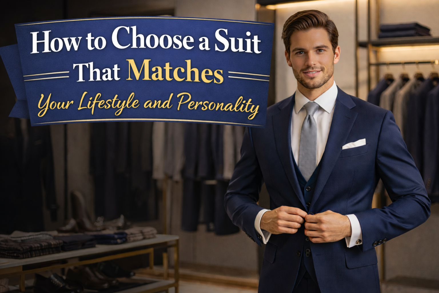 man wearing navy blue tailored suit adjusting jacket in modern menswear store