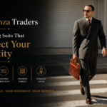 Confident businessman in a tailored suit walking with a briefcase, showcasing personalized style by Eleganza Traders