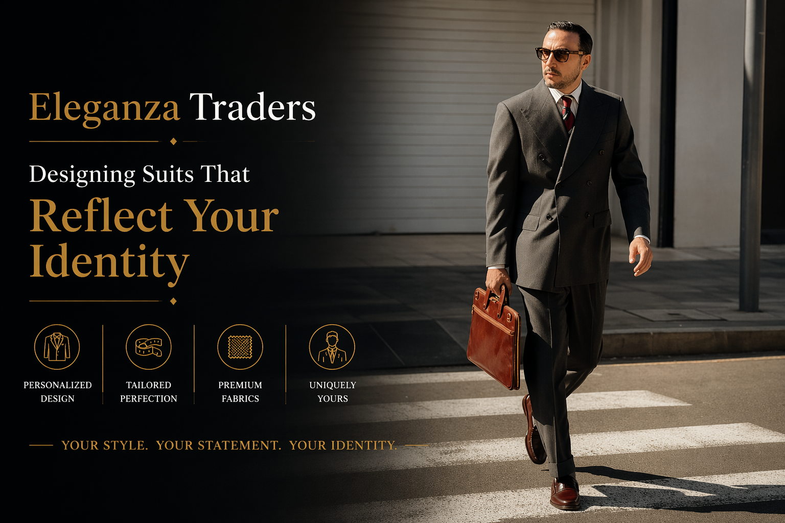 Confident businessman in a tailored suit walking with a briefcase, showcasing personalized style by Eleganza Traders