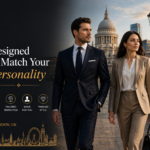 Professional man and woman wearing elegant tailored business suits in London with Big Ben background representing Eleganza Traders premium UK suits