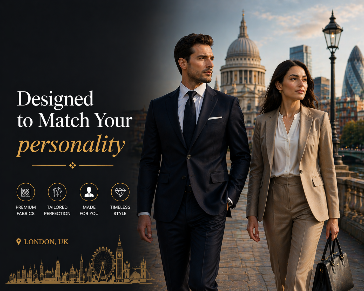 Professional man and woman wearing elegant tailored business suits in London with Big Ben background representing Eleganza Traders premium UK suits