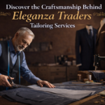 Professional tailor at Eleganza Traders cutting fabric for a bespoke suit in a luxury tailoring workshop