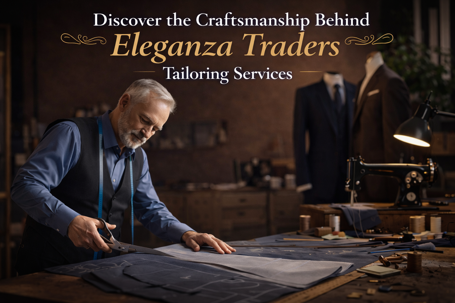Professional tailor at Eleganza Traders cutting fabric for a bespoke suit in a luxury tailoring workshop