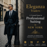 Elegant man wearing a pinstripe tailored suit and overcoat walking in New York street representing Eleganza Traders professional suiting