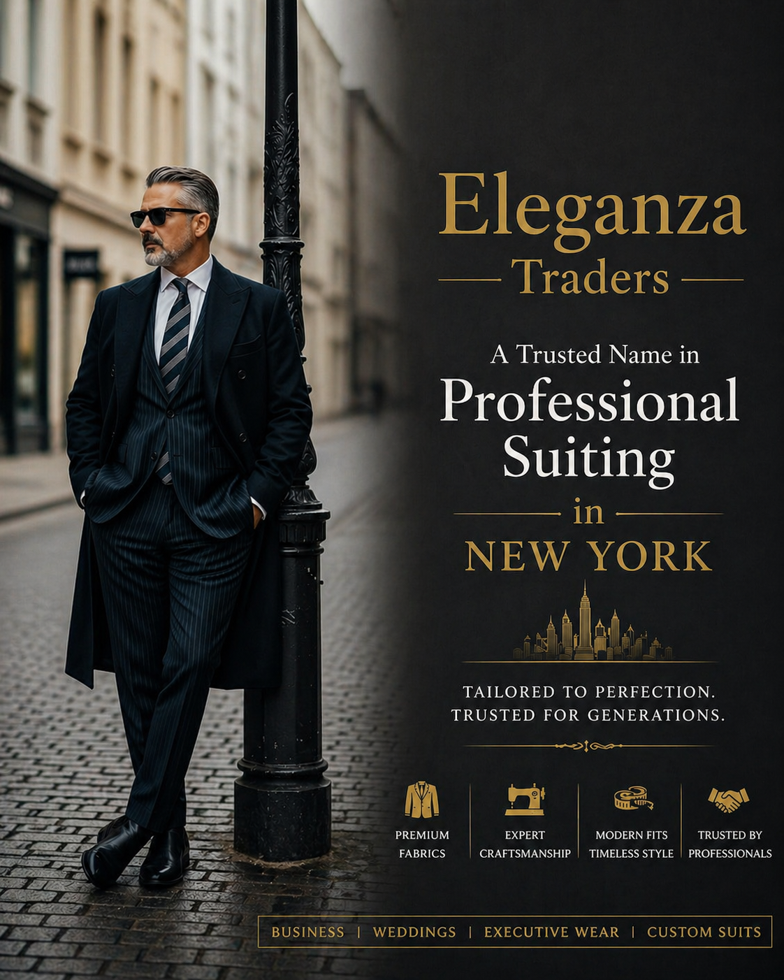 Elegant man wearing a pinstripe tailored suit and overcoat walking in New York street representing Eleganza Traders professional suiting