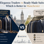 Comparison between custom tailored suits by Eleganza Traders and ready-made suits in Manchester showing differences in fit, quality, and personalization