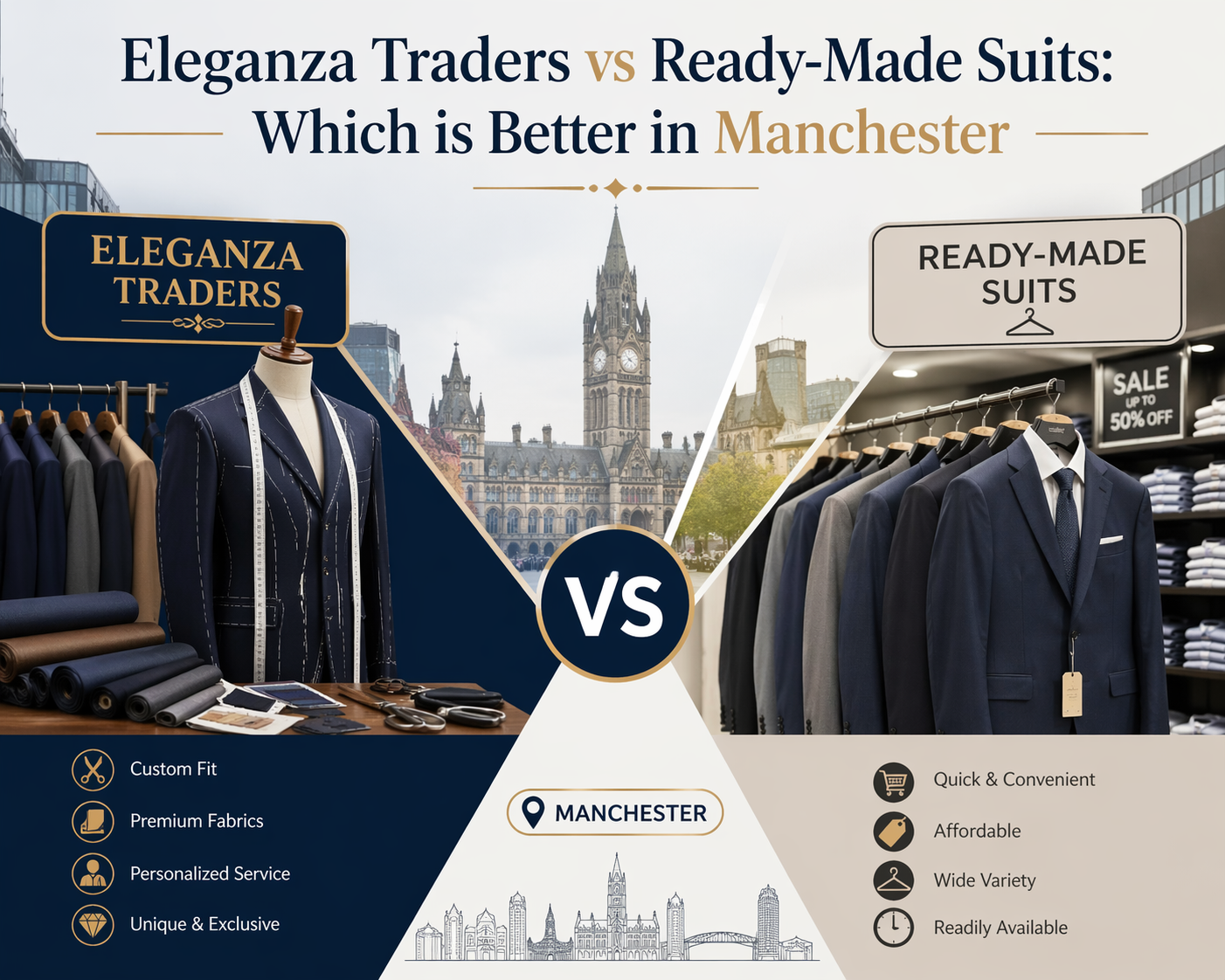 Comparison between custom tailored suits by Eleganza Traders and ready-made suits in Manchester showing differences in fit, quality, and personalization