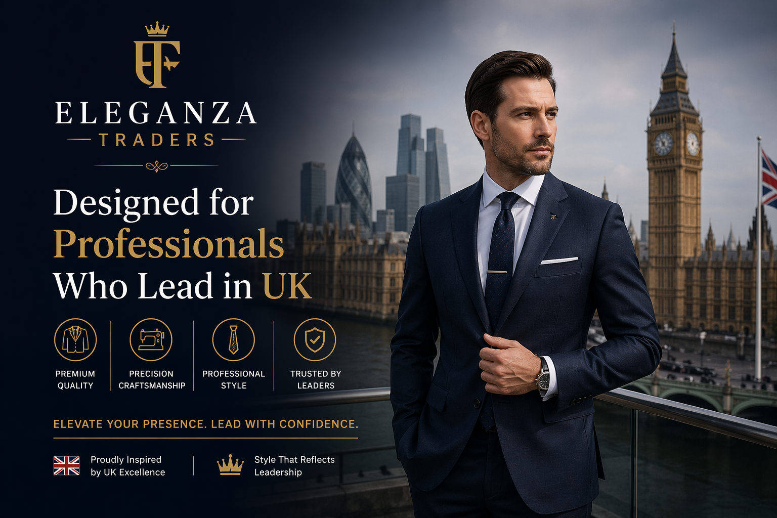 Stylish professional man in a navy tailored suit standing in London with Big Ben, representing Eleganza Traders premium business suits for UK professionals