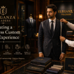 Tailor taking measurements of a man in a custom suit inside a luxury showroom by Eleganza Traders
