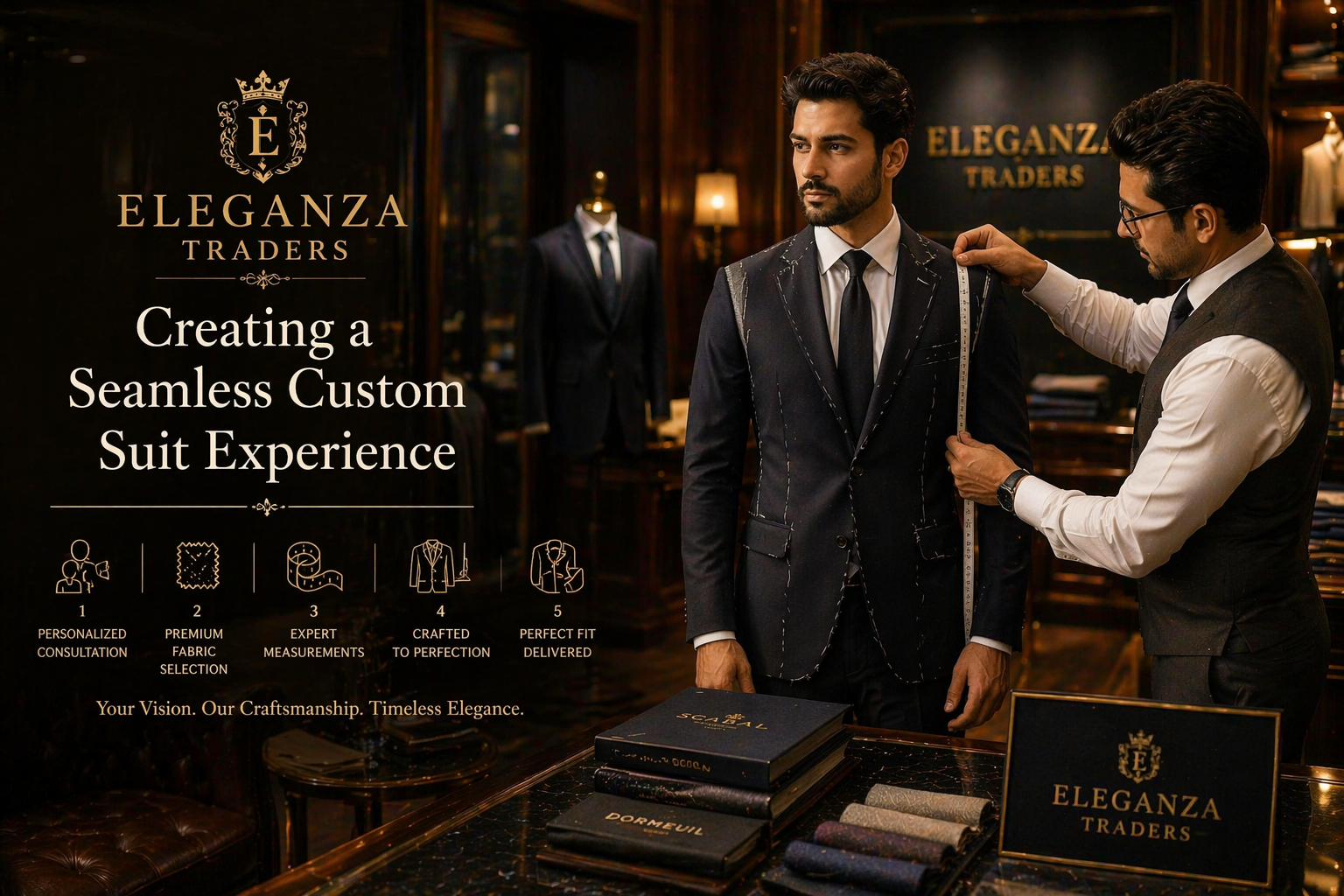 Tailor taking measurements of a man in a custom suit inside a luxury showroom by Eleganza Traders