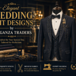 Elegant wedding suit with detailed design displayed in luxury showroom by Eleganza Traders