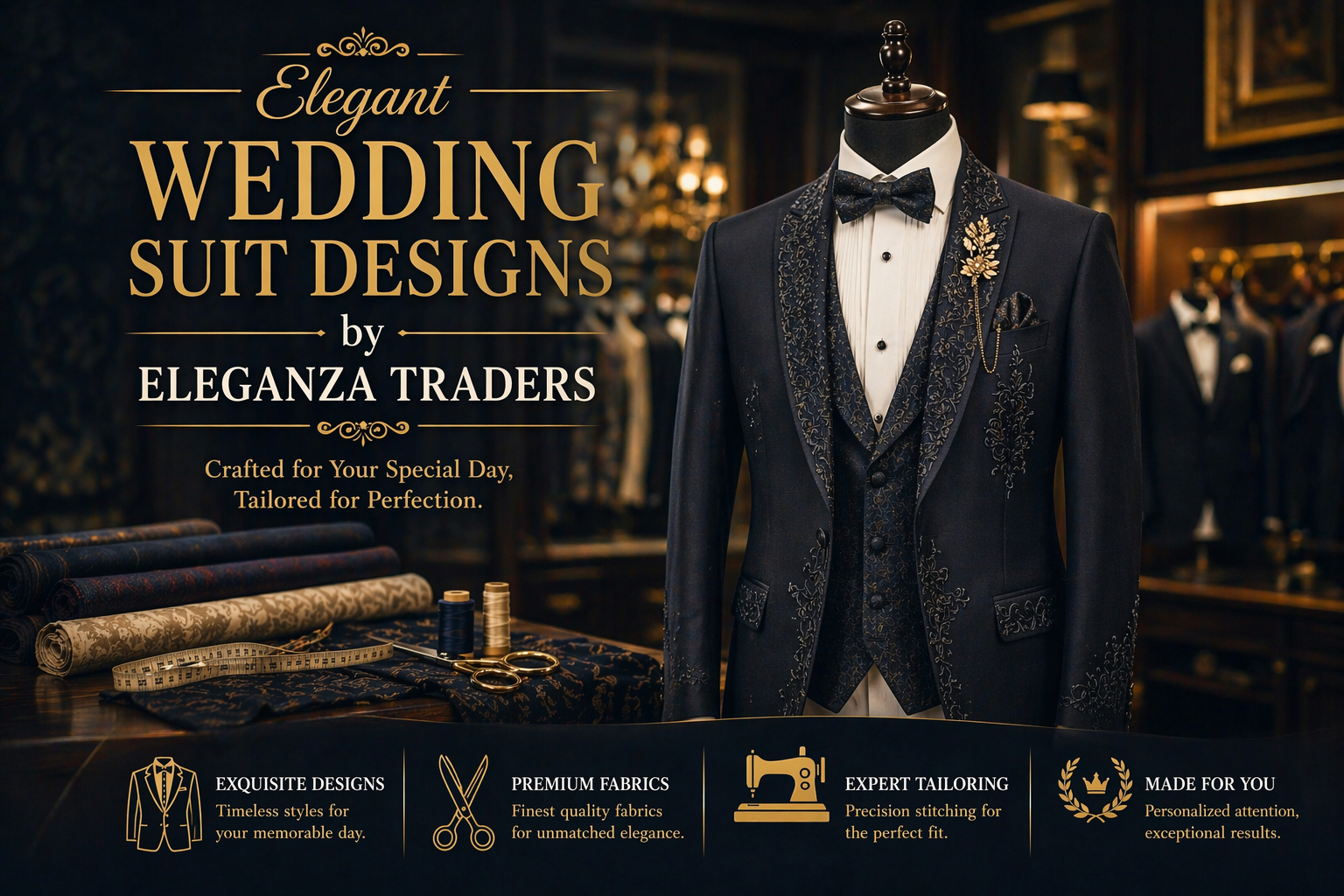 Elegant wedding suit with detailed design displayed in luxury showroom by Eleganza Traders