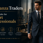 Professional man wearing a tailored navy suit in a modern office setting by Eleganza Traders