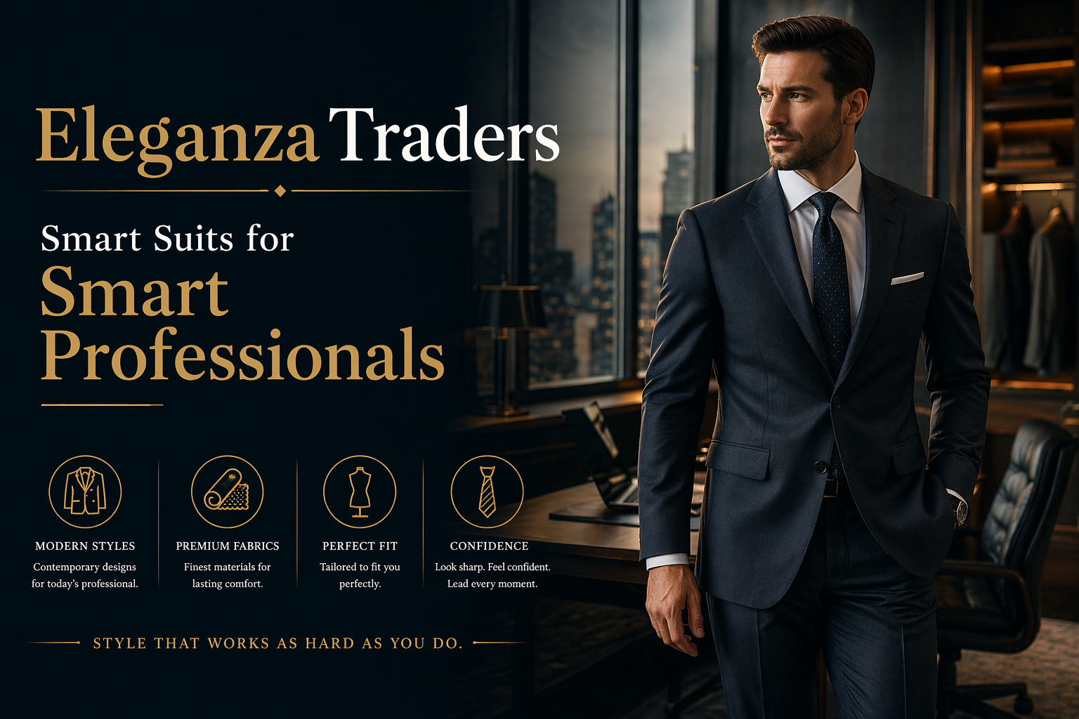 Professional man wearing a tailored navy suit in a modern office setting by Eleganza Traders