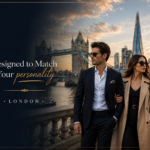 Professional man and woman wearing elegant tailored business suits in London with Big Ben background representing Eleganza Traders premium UK suits