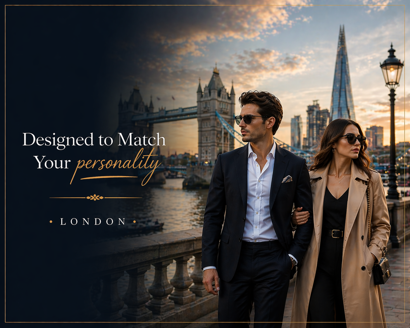 Professional man and woman wearing elegant tailored business suits in London with Big Ben background representing Eleganza Traders premium UK suits
