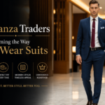 Confident professional wearing a tailored blue suit walking in a modern luxury interior by Eleganza Traders