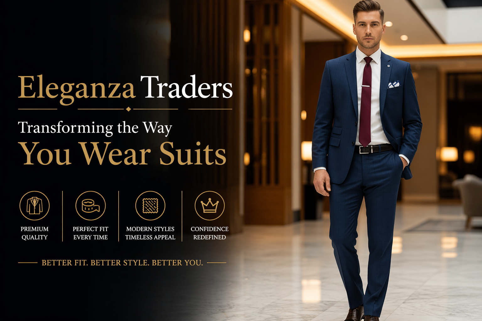 Confident professional wearing a tailored blue suit walking in a modern luxury interior by Eleganza Traders