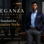 Man wearing a tailored navy blazer and light blue shirt in a modern office setting representing Eleganza Traders executive style and premium tailoring in the UK