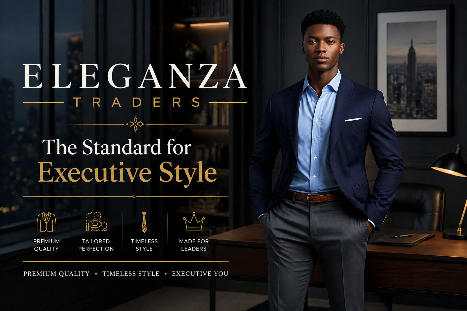 Man wearing a tailored navy blazer and light blue shirt in a modern office setting representing Eleganza Traders executive style and premium tailoring in the UK