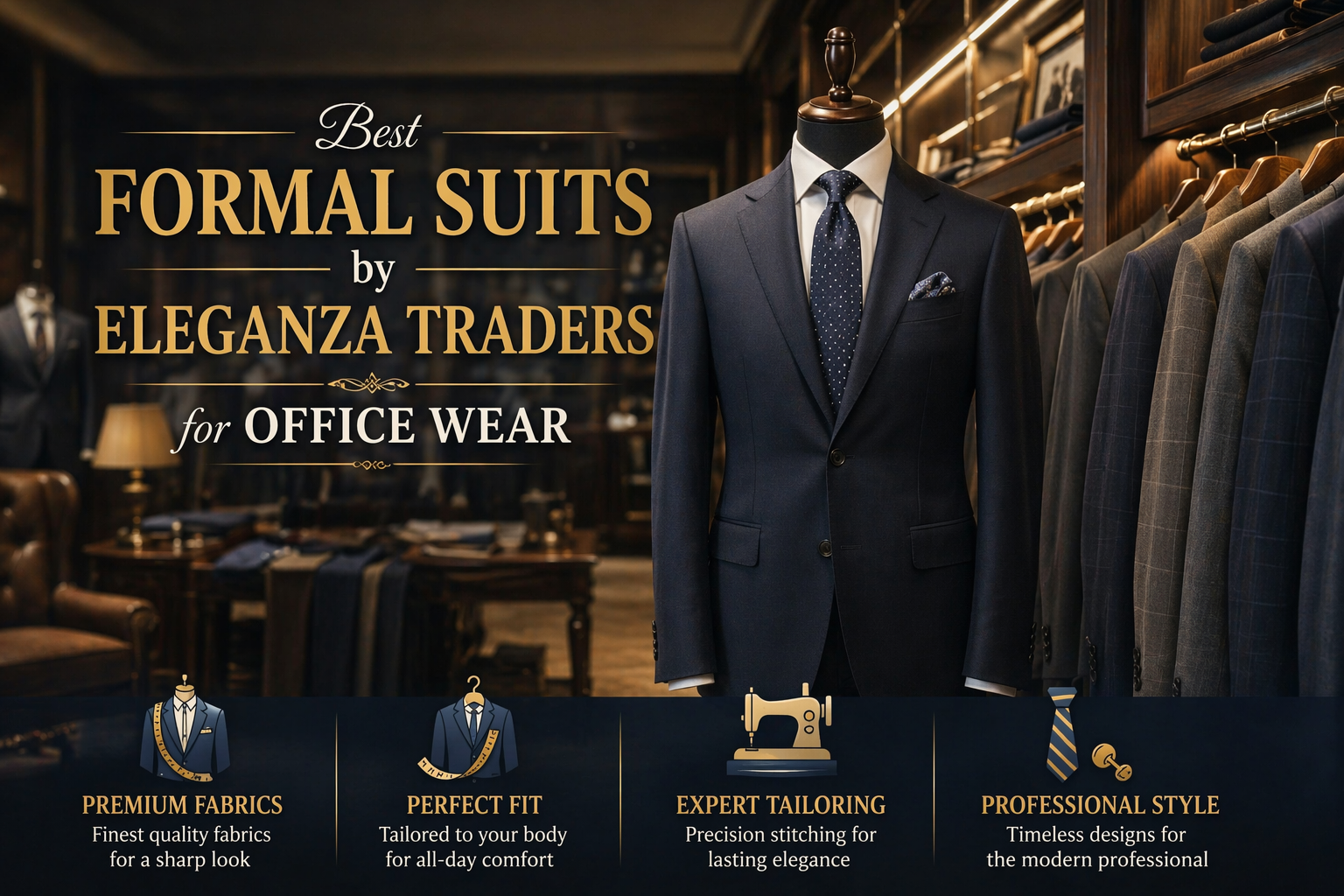 Elegant formal suit on display representing office wear tailored by Eleganza Traders with premium fabrics and perfect fit