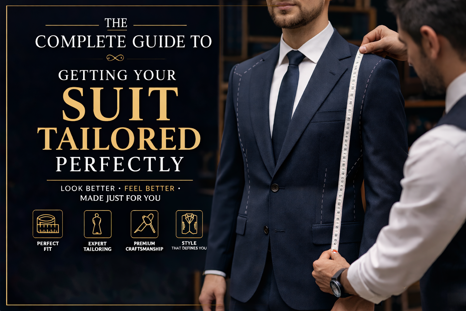 tailor measuring navy suit for perfect fit with tape measure in menswear shop