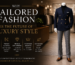 Luxury tailored fashion display featuring a premium navy blazer and tailored trousers in a modern boutique showroom
