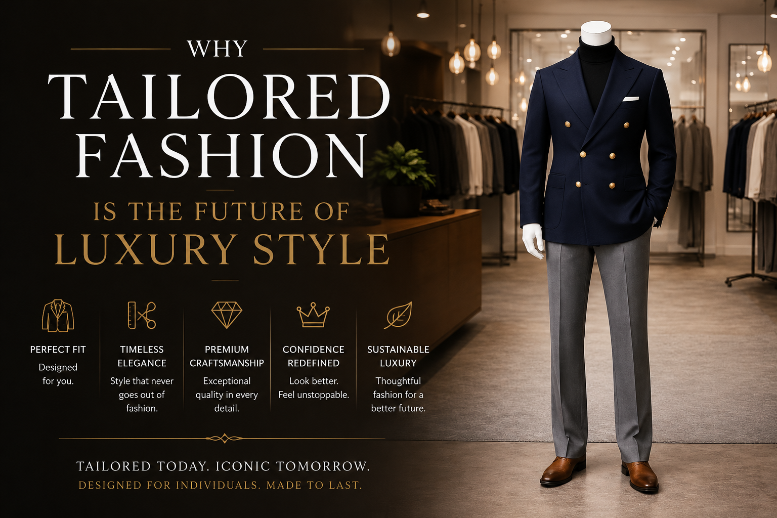 Luxury tailored fashion display featuring a premium navy blazer and tailored trousers in a modern boutique showroom