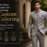 Man wearing a custom tailored grey suit showcasing premium tailoring, perfect fit, and modern elegance