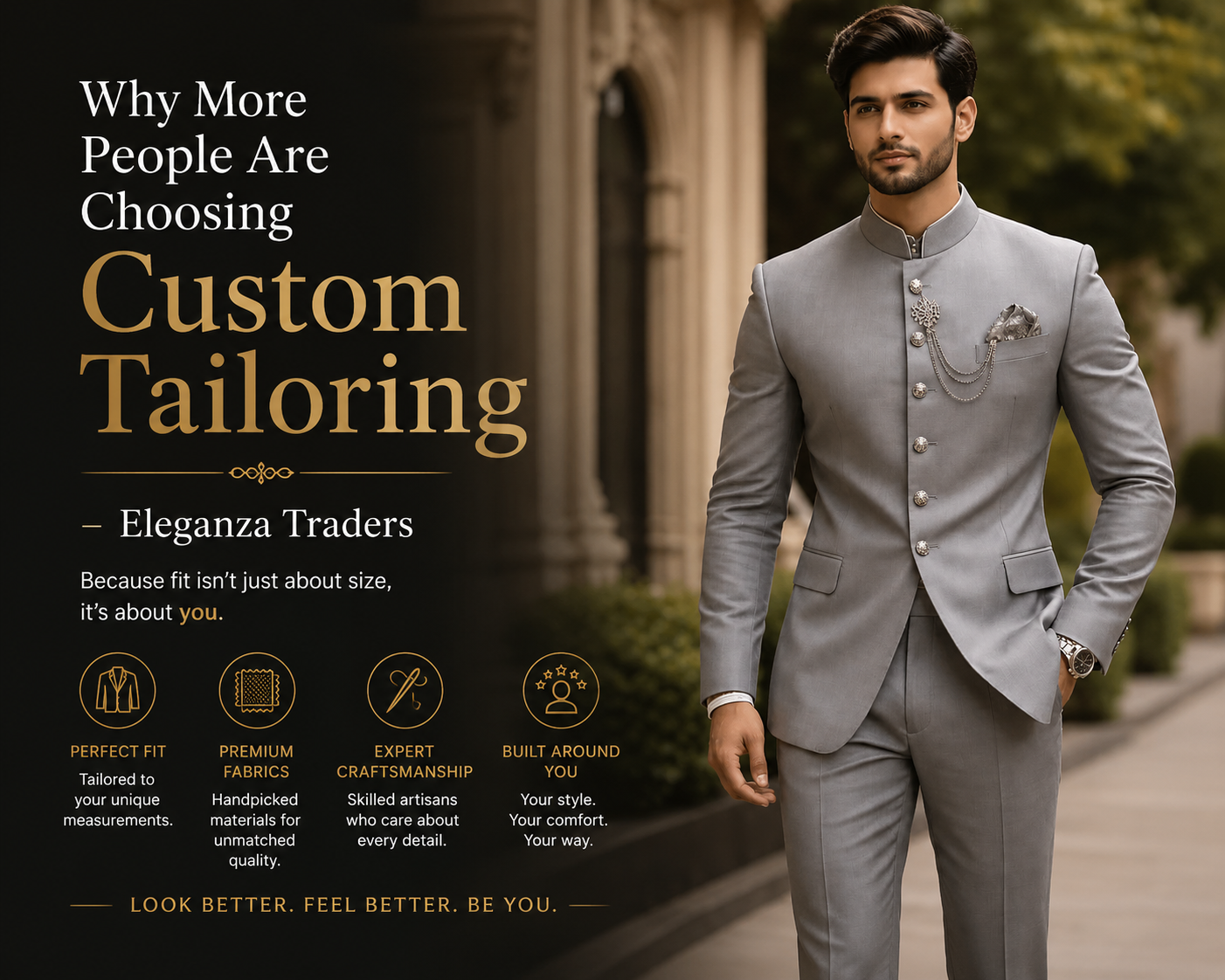 Man wearing a custom tailored grey suit showcasing premium tailoring, perfect fit, and modern elegance
