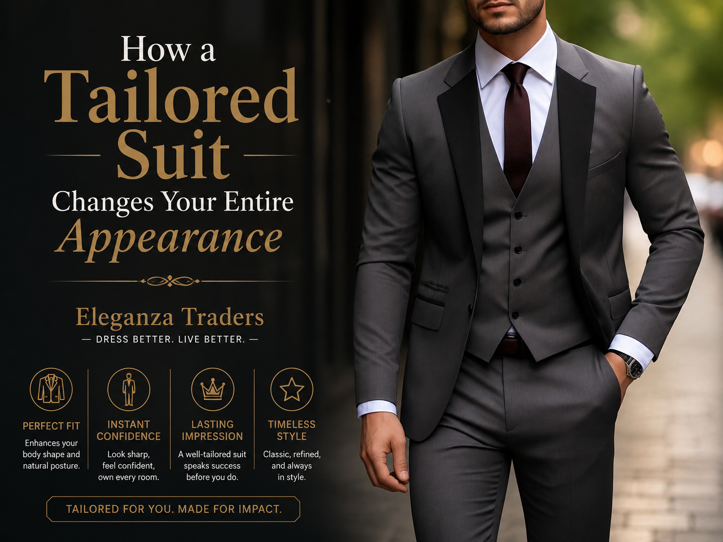 Man wearing a perfectly tailored dark grey suit showcasing confidence, timeless style, and modern elegance