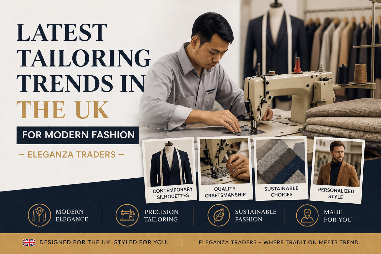 Tailor using sewing machine showcasing latest tailoring trends in the UK with modern fashion suits and fabrics