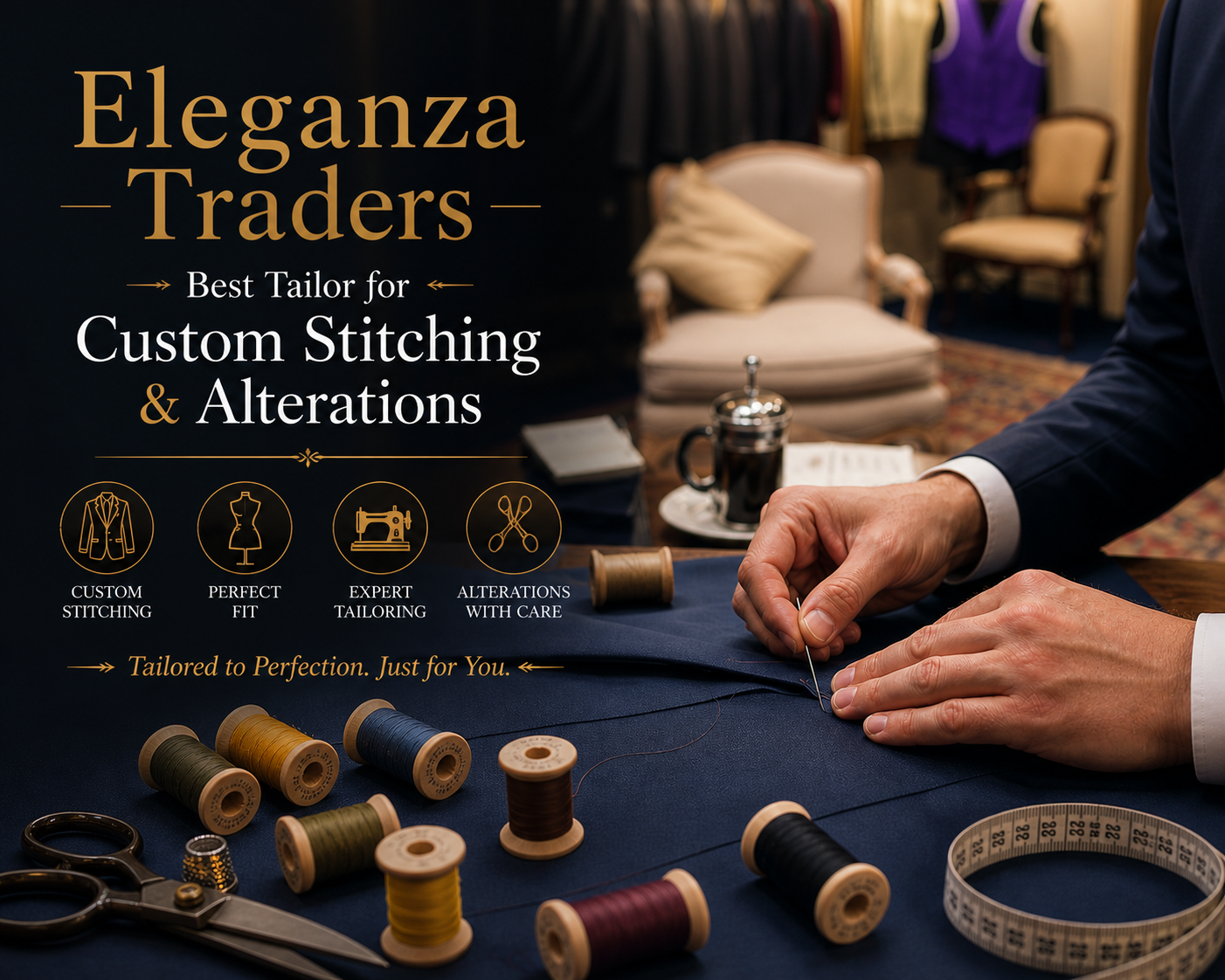 Tailor hand stitching fabric with tools and threads for custom clothing alterations at Eleganza Traders