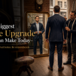 Tailor adjusting a man’s suit in front of a mirror showing perfect fit transformation in a tailoring studio
